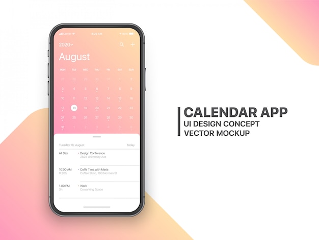 Page d'août du concept de l'interface utilisateur de l'application de calendrier