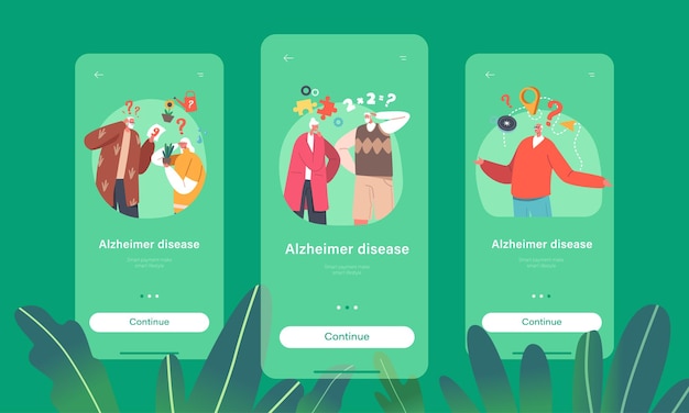 Page De L'application Mobile Sur La Maladie D'alzheimer Modèle D'écran Intégré Les Personnes âgées Oublieuses Les Personnages Seniors Pensent