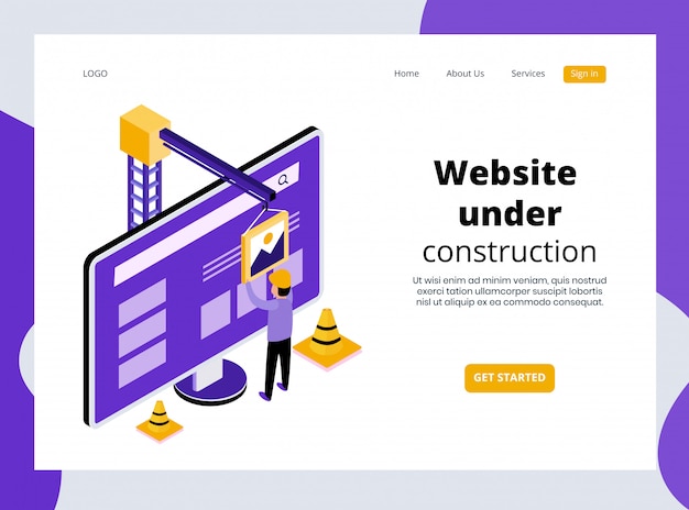 Vecteur page d'atterrissage isométrique du site web en cours de construction template premium