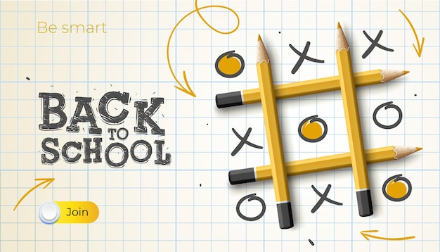 Page de cahier de bannière web de retour à l'école avec des crayons de jeu de tic tac toe et un vecteur de doodle