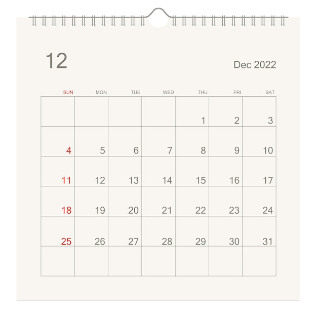 Page de calendrier de décembre 2022 sur fond blanc Arrière-plan du calendrier pour la réunion et l'événement de rendez-vous de planification d'entreprise de rappel La semaine commence à partir de dimanche