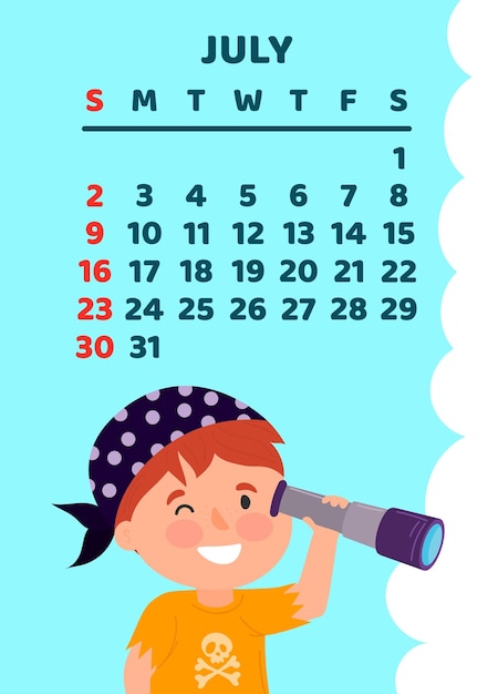 Page De Calendrier De Juillet 2023 Illustration De Dessin Animé Plat Vectoriel Avec Pirate Mignon Garçon Drôle Avec Spyglass Modèle Pour Impression Disposition Verticale Fond Blanc