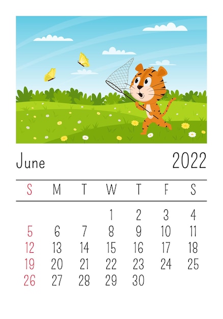 Page De Calendrier Pour 2022, Juin. Le Tigre Mignon De Bande Dessinée Court à Travers Le Champ Et Attrape Des Papillons