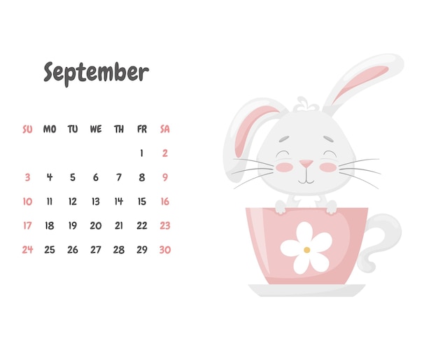 Vecteur page de calendrier pour le mois de septembre 2023 avec un joli lapin drôle assis dans une tasse de thé adorable animal un personnage aux couleurs pastelcalendrier pour enfants illustration vectorielle sur fond blanc