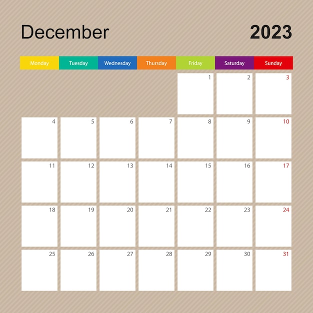 Vecteur page de calendrier pour le planificateur mural de décembre 2023 avec un design coloré la semaine commence le lundi