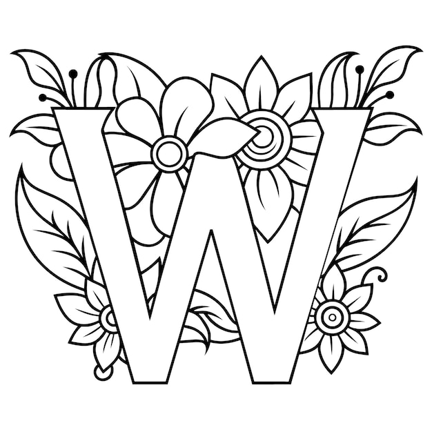 Vecteur page de coloration de l'alphabet w avec la fleur de la lettre w contour numérique page de coloration florale abc colorin