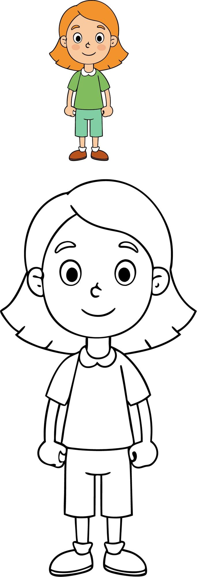 Vecteur une page de coloration délicieuse mettant en vedette une jolie fille debout et souriante portant une jolie tenue avec