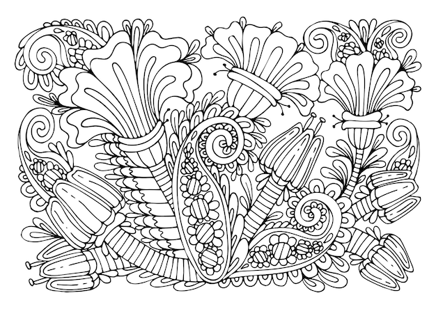 Vecteur page de coloriage couleurs dessin au trait fin bouquet floral de plantes à fleurs de jardin fantastique bourgeons en fleurs illustration vectorielle de doodle dessinés à la main livre de coloriage d'été pour enfants et adultes