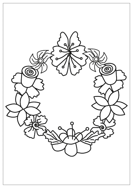 Page De Coloriage De Couronne Florale Pour Adultes. Ornement Rond Anti-stress Noir Et Blanc. Fleurs De Contour