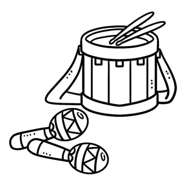 Page de coloriage isolée de tambour et de maracas pour les enfants