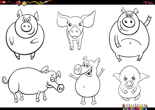 Page De Coloriage De Jeu De Personnages D'animaux De Ferme De Cochons De Dessin Animé Mignon