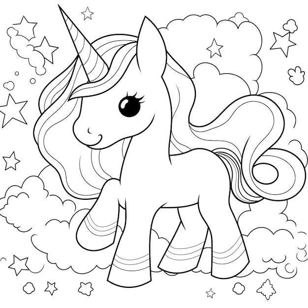 Vecteur page de coloriage licorne noir et blanc pour enfants et adultes dessin au trait style dessin animé simple heureux mignon et drôle