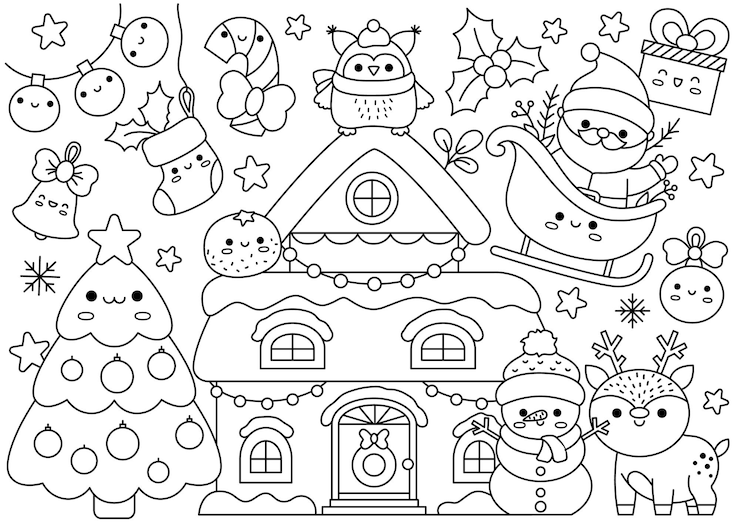 Vecteur page de coloriage de ligne horizontale de noël vectoriel pour les enfants avec des personnages kawaii mignons illustration de vacances d'hiver noir et blanc avec maison bonhomme de neige père noël affiche de recherche drôle