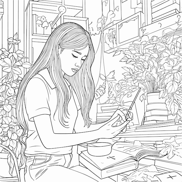 Vecteur page de coloriage de livre d'illustration femme étudie propre