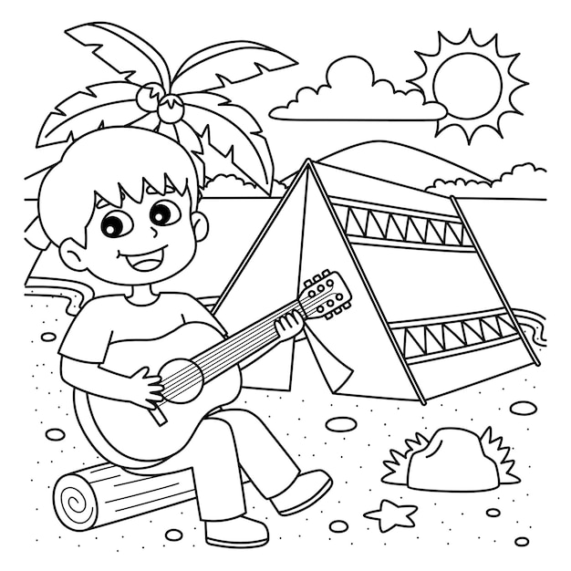 Une page de coloriage mignonne et amusante d'un garçon Camping d'été Fournit des heures de plaisir à colorier pour les enfants Colorier cette page est très facile Convient aux petits enfants et aux tout-petits