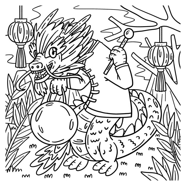 Vecteur une page de coloriage mignonne et drôle d'un dragon holding gong fournit des heures de coloriage amusant pour les enfants cette page de coloration est très facile convient pour les petits enfants et les tout-petits