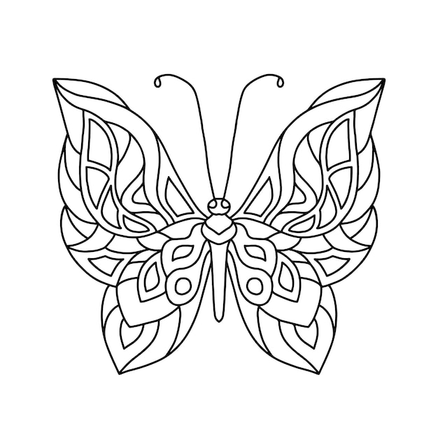 Vecteur page de coloriage noir doodle papillon. dessin de contour de contour. illustration de ligne vectorielle