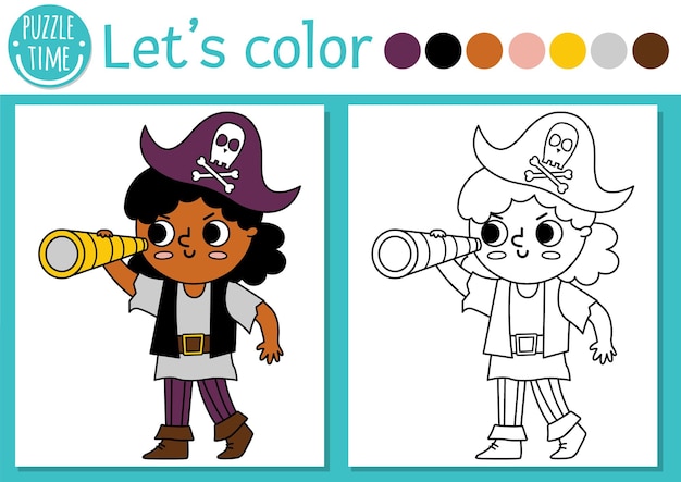 Page De Coloriage Pirate Pour Les Enfants Avec Une Fille Pirate Regardant Dans Le Télescope Illustration Vectorielle De Contour De L'île Au Trésor Livre De Couleurs Pour Les Enfants Avec Un Exemple Coloré