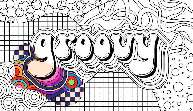 Vecteur page de coloriage psychédélique zentangle pour adultes texte groovy et tableaux d'échecs