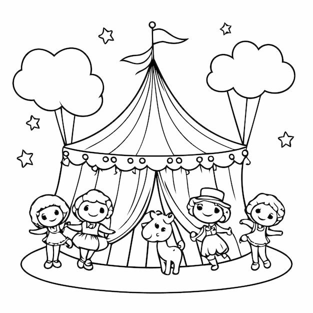 Vecteur page de coloriage de scènes de cirque joyeuses pour enfants.