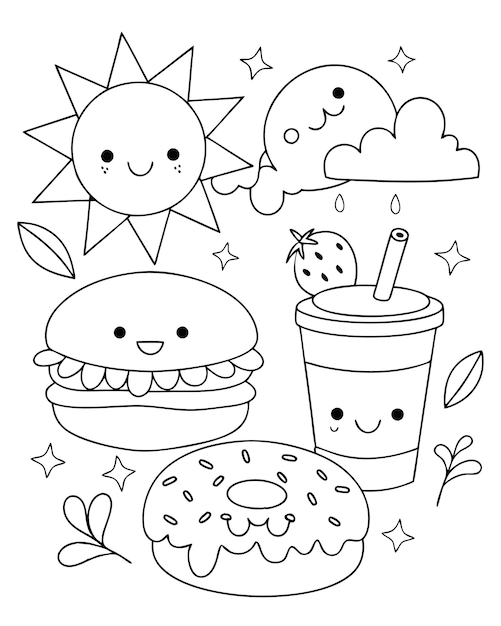 Page à colorier Fun KawaiiStyle pour enfants avec des éléments alimentaires et météorologiques