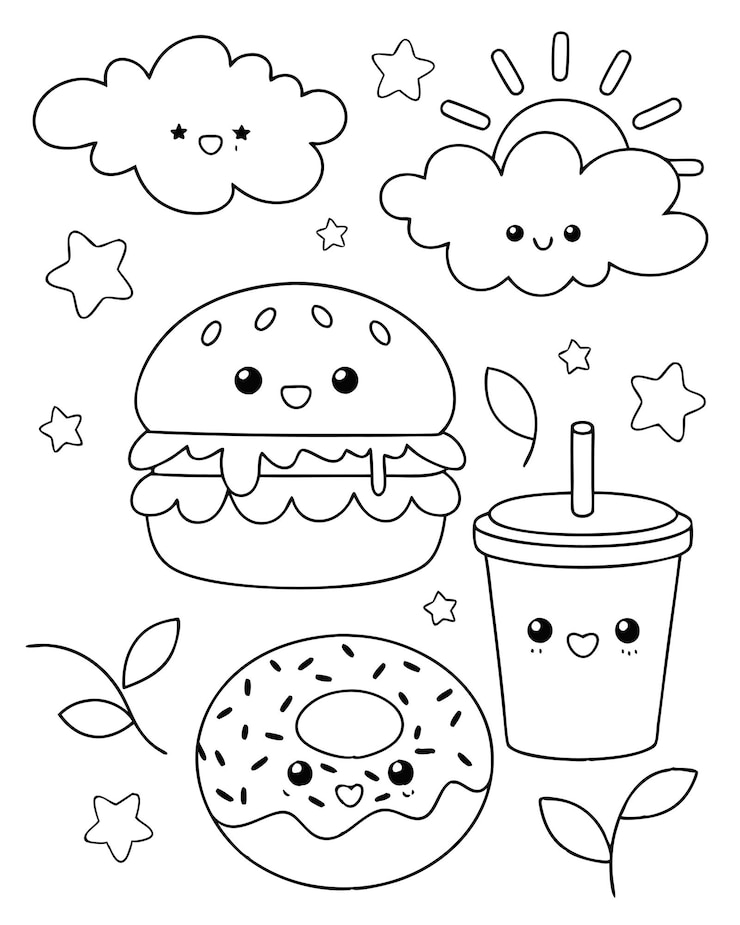 Vecteur page à colorier fun kawaiistyle pour enfants avec des éléments alimentaires et météorologiques