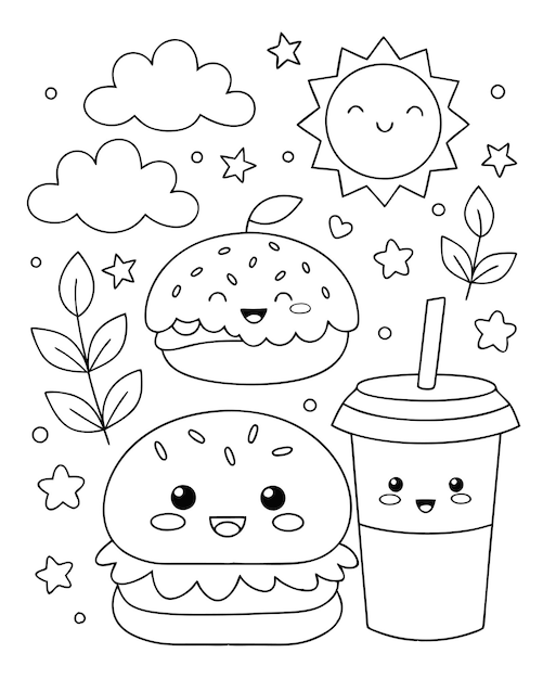 Page à colorier Fun KawaiiStyle pour enfants avec des éléments alimentaires et météorologiques