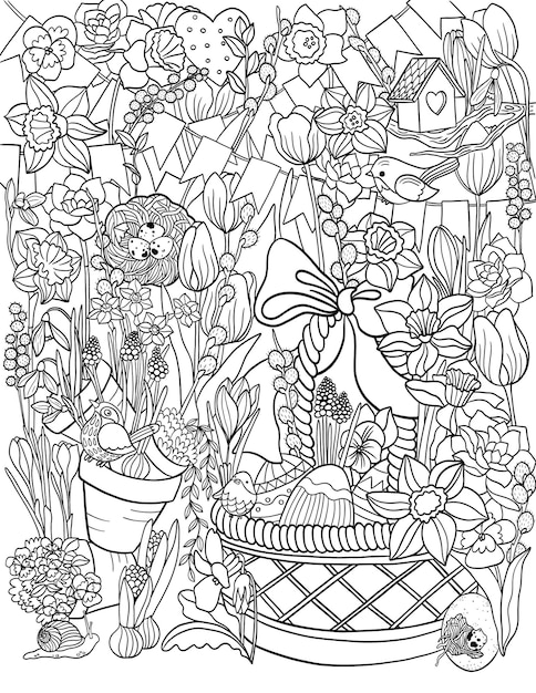 Vecteur une page à colorier d'un jardin avec des fleurs et un panier d'œufs.