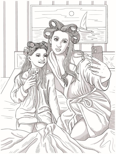 Vecteur page à colorier avec la mère et sa fille faisant un selfie vector sketch art