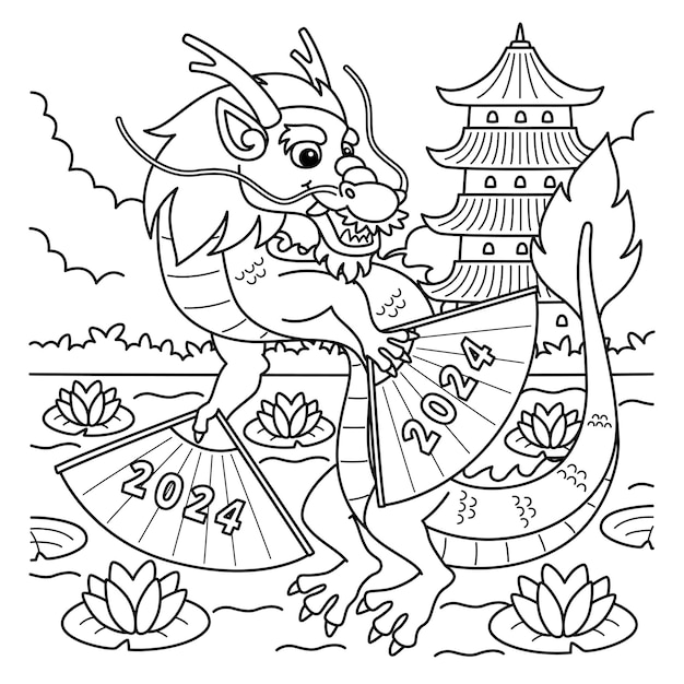 Vecteur une page à colorier mignonne et drôle d'une année du dragon avec 2024 fans fournit des heures de coloriage amusant pour les enfants colorier cette page est très facile adapté aux petits enfants et aux tout-petits