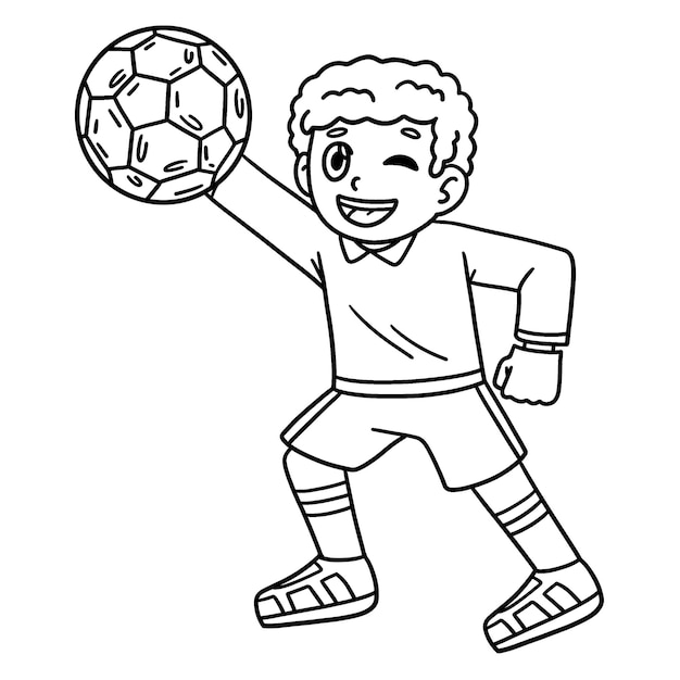 Vecteur une page à colorier mignonne et drôle d'un garçon de football gardien de but fournit des heures de coloriage amusant pour les enfants pour colorier cette page est très facile convient pour les petits enfants et les tout-petits