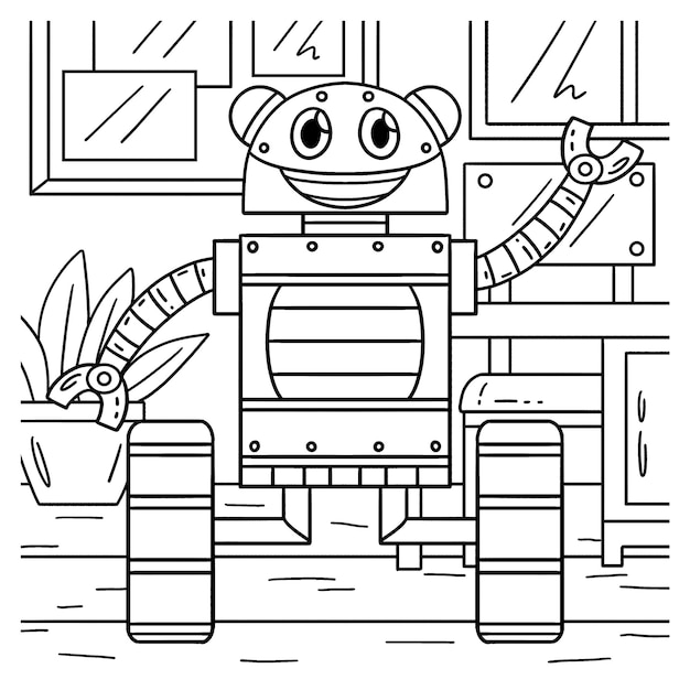 Vecteur une page à colorier mignonne et drôle d'un robot à roues offre des heures de plaisir à colorier pour les enfants colorier cette page est très facile adapté aux petits enfants et aux tout-petits