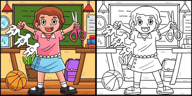 Cette page à colorier montre un enfant avec des ciseaux Un côté de cette illustration est coloré et sert d'inspiration pour les enfants