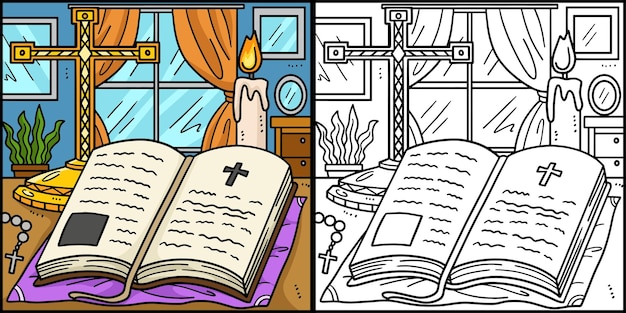 Vecteur cette page à colorier montre une sainte bible chrétienne un côté de cette illustration est coloré et sert d'inspiration pour les enfants