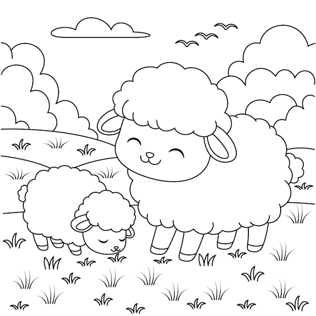 Vecteur page à colorier des moutons et des œufs de pâques