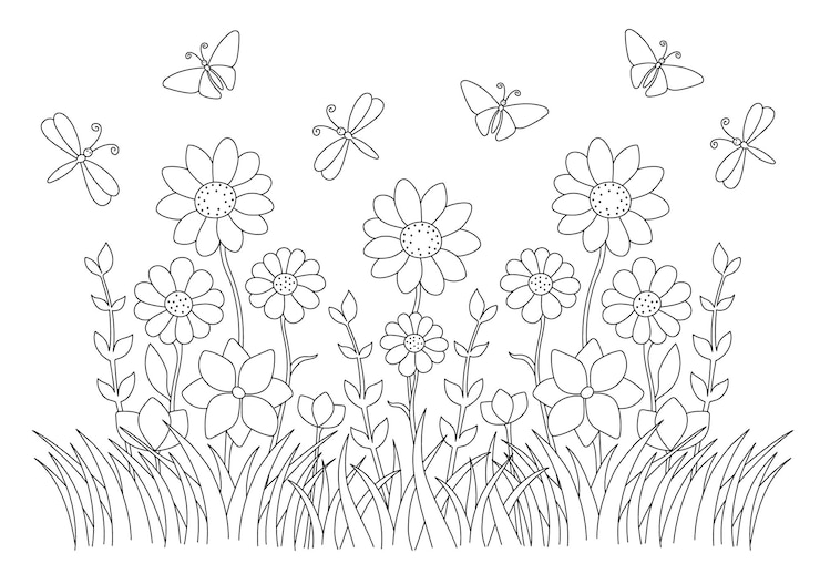 Vecteur page à colorier avec des papillons de dessin animé volant sur l'herbe et les fleurs