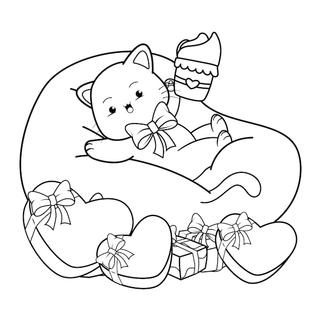 Page à colorier pour la Saint-Valentin avec un mignon chat