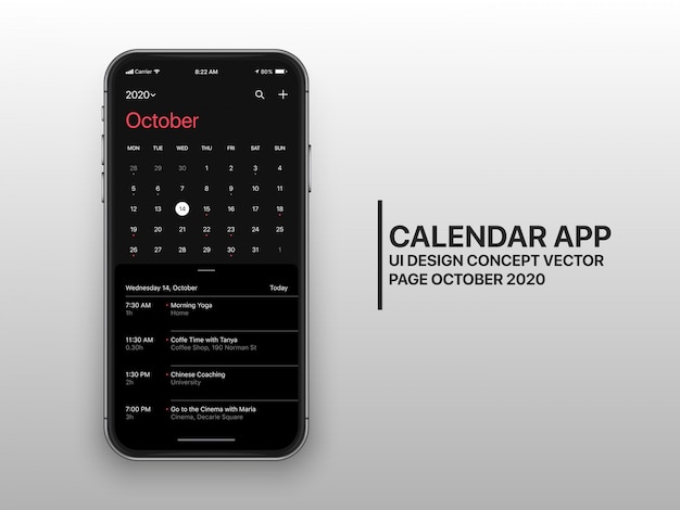 Page Concept Ux De L'interface Utilisateur Du Calendrier En Mode Sombre Octobre