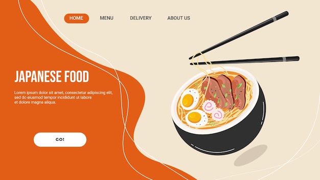 Page De Démarrage Du Site Web Pour Le Restaurant Asiatique Cuisine Japonaise Avec Soupe De Ramen Modèle Landing Page Vector