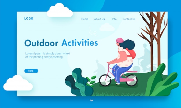 Page de destination des activités de plein air avec une femme portant un casque à vélo sur la nature.