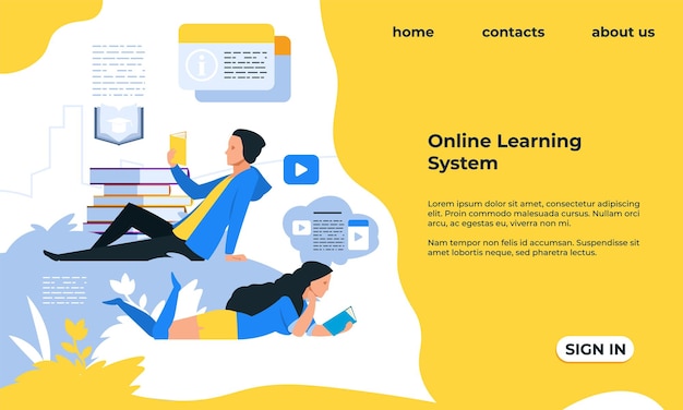 Page de destination d'apprentissage en ligne Éducation à distance étudiant avec des technologies intelligentes Maquette de conception d'interface utilisateur de site Web avec texte et boutons Service Web pour le modèle vectoriel de bibliothèque et de cours