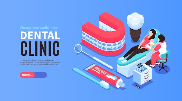 Vecteur page de destination de bannière horizontale dantiste isométrique