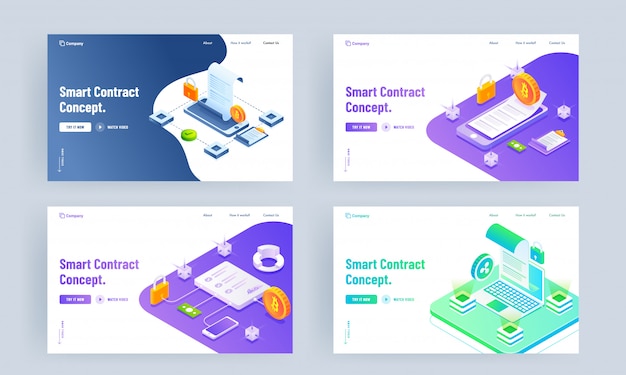 Page de destination basée sur le concept de contrat intelligent avec ensemble ordinateur portable, smartphone et crypto-monnaie.
