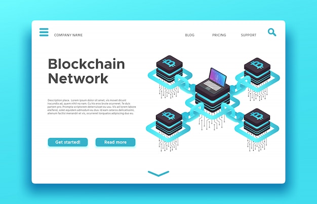 Page de destination de la blockchain. Web d'extraction de crypto-monnaie isométrique