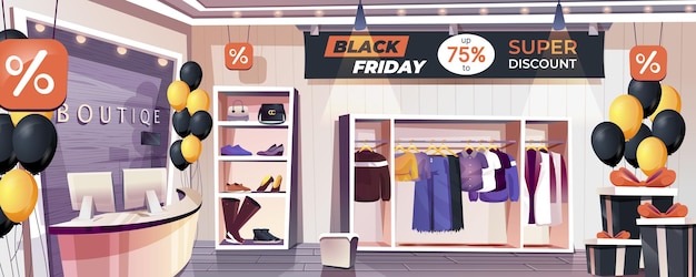 Page de destination de la boutique Black Friday Arrière-plan de la bannière Web intérieure du magasin de vêtements et de chaussures