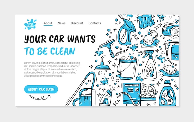 Page de destination ou dépliant pour le lavage de voiture et la vente automatique dans le style Doodle