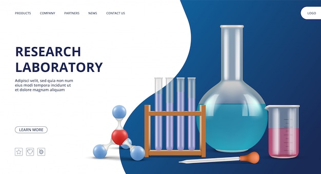 Page de destination du laboratoire de recherche. Modèle de bannière Web pharmaceutique. Équipement de laboratoire réaliste