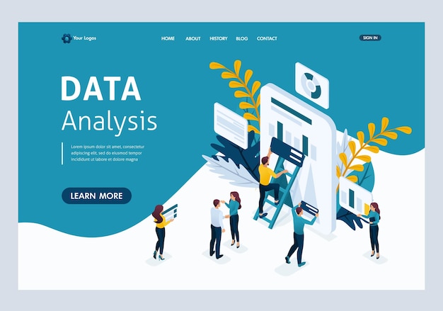 Page de destination du modèle de site Web Collecte de données de concept isométrique par les travailleurs, processus d'analyse des données sur la tablette. Facile à modifier et à personnaliser.