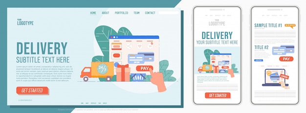 Page De Destination Du Service De Livraison. Modèle De Page De Destination Mobile Pour Les Entreprises Avec Service De Livraison Express. Interface De Site Web Simple Pour Le Service De Commande En Ligne