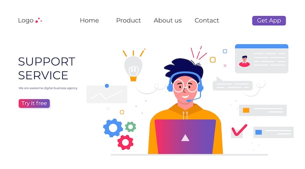 Page de destination du service de support client. Concept avec homme avec casque et microphone avec ordinateur portable. Sujet d'affaires et communication numérique pour l'assistance, centre d'appels. Vecteur à la mode